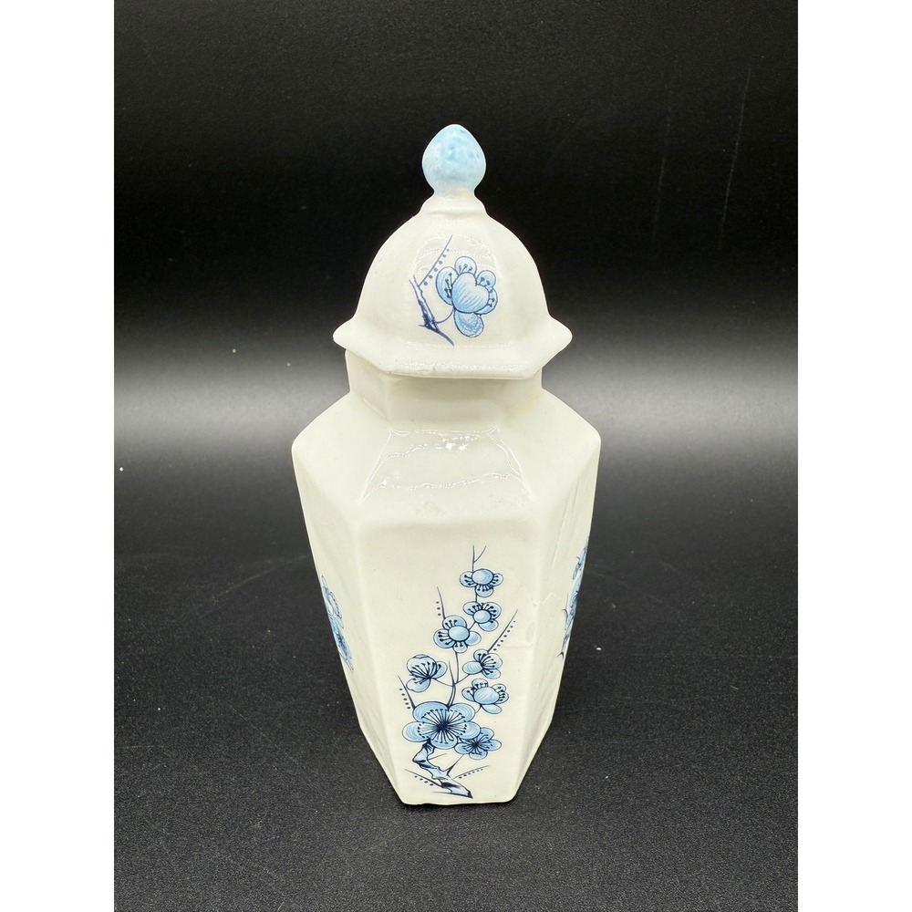 Vintage Enesco Fine Bone China Hexagonal Lid Jar 1979 Blue Floral Small Ginger